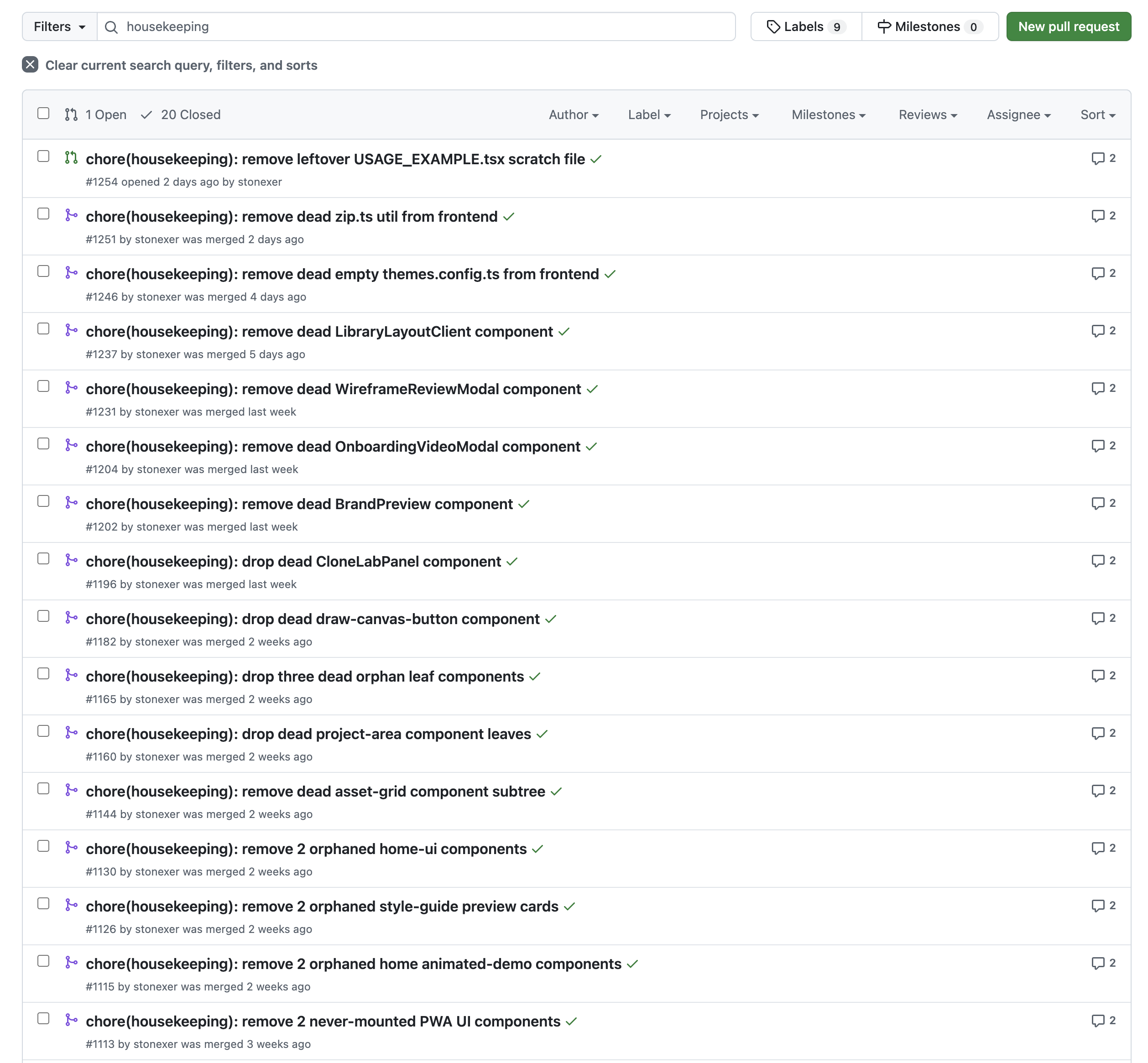 8 weeks of cleanups, one per PR: dead components, orphaned leaves, a leftover scratch file