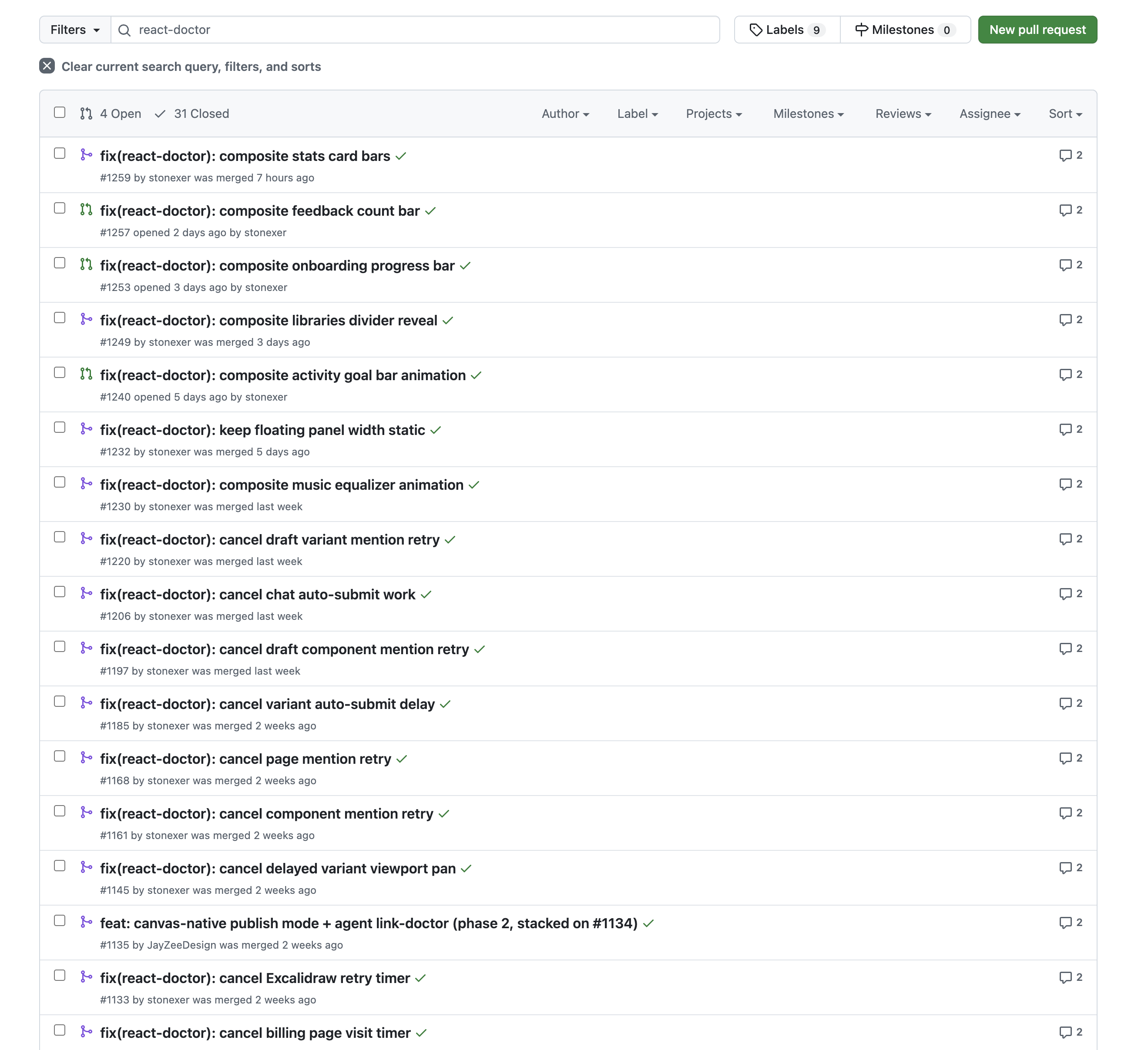 The PR list, filtered to the loop's own work: 31 closed, 4 open, one defect class per PR